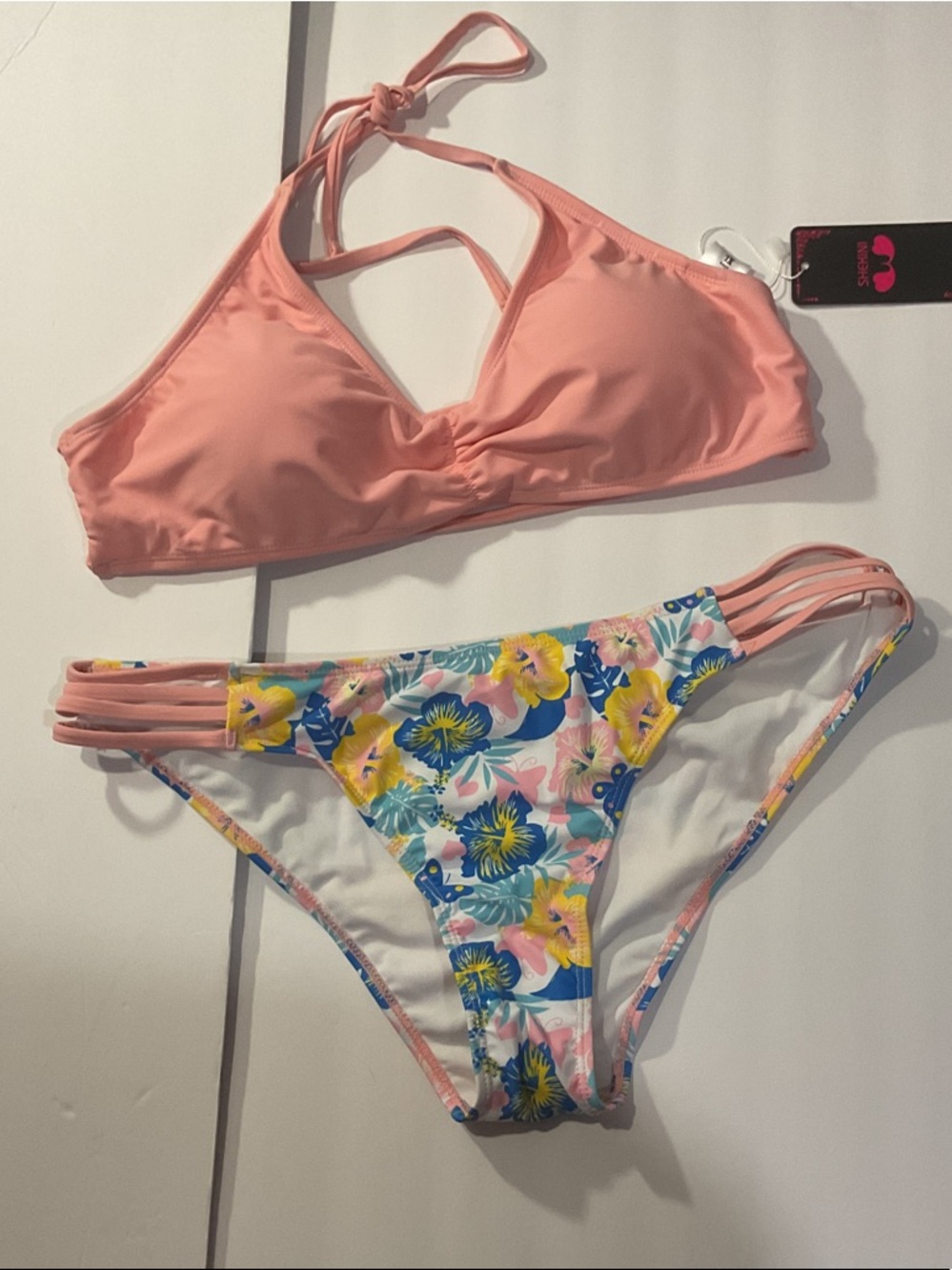 NWT Women’s Pink Halter Bikini Top with Floral Strappy Bottoms